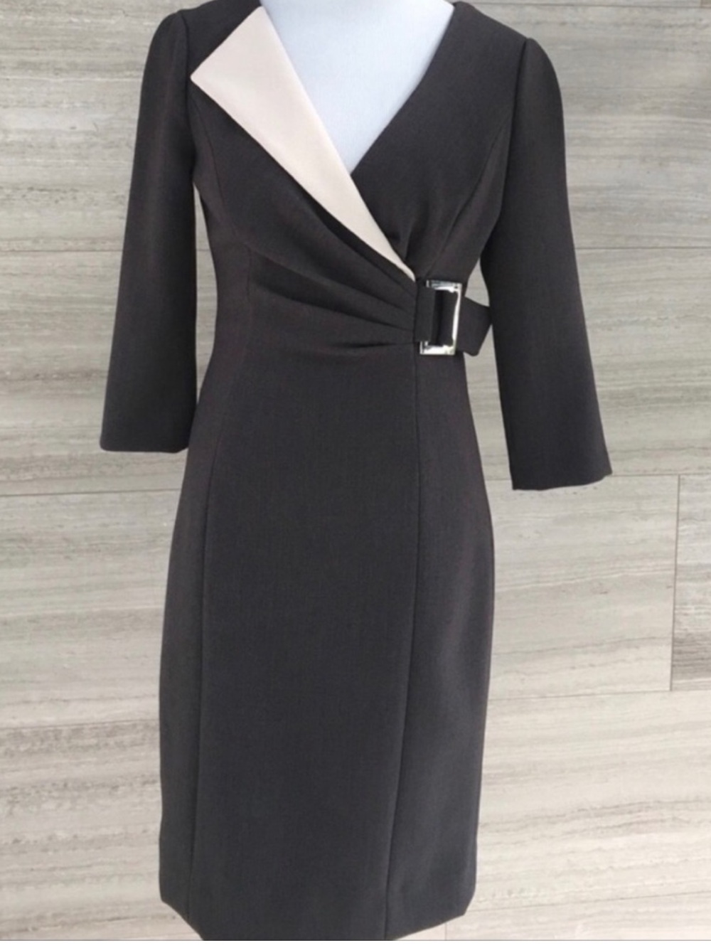 Kay Unger Charcoal Gray Sheath Dress with Cream Lapel Accent